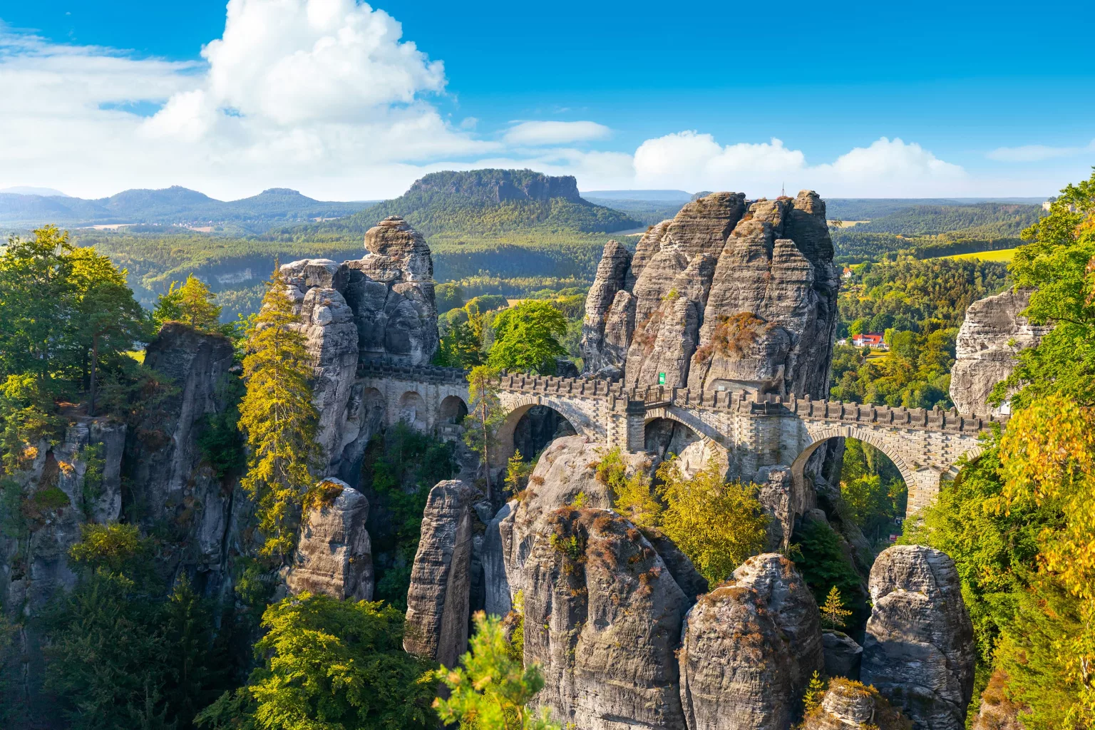 Blick auf die Bastei Bruecke in der Saechsischen Schweiz