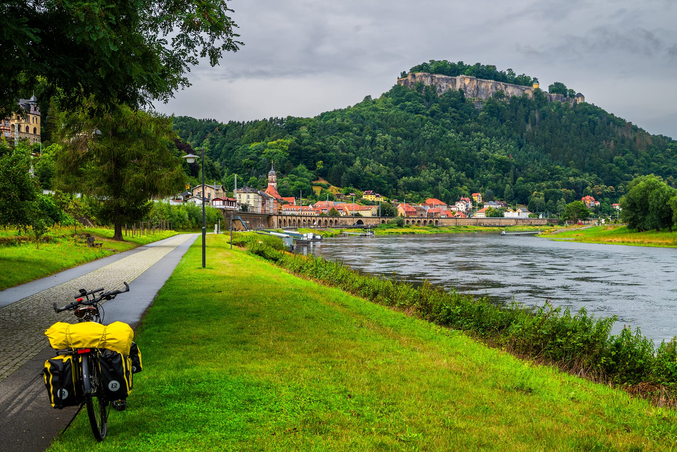 Elberadweg an der Elbe mit Blick zur Festung Königstein