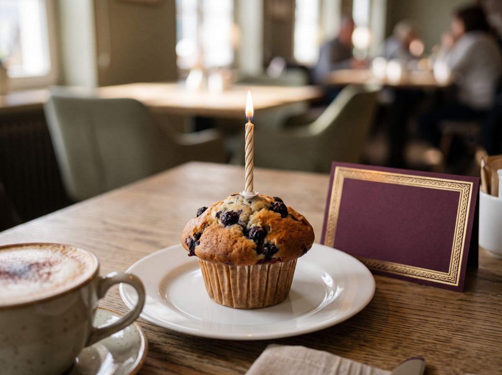Geburtstagsmuffin mit Kerze am Frühstückstisch der STEIGER Hotels