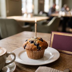 Geburtstagsmuffin mit Kerze am Fr&uuml;hst&uuml;ckstisch der STEIGER Hotels