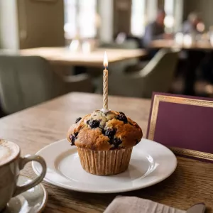 Geburtstagsmuffin mit Kerze am Fr&uuml;hst&uuml;ckstisch der STEIGER Hotels