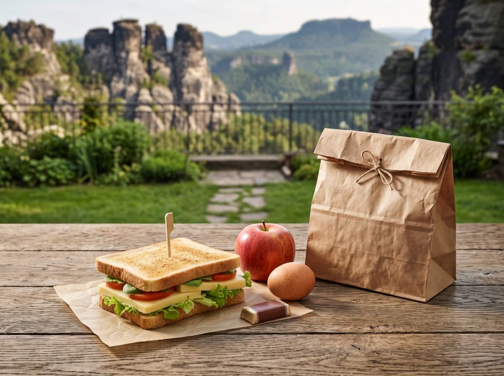 Wanderlunch der STEIGER Hotels: Sandwich, Apfel, Ei und Süßigkeit