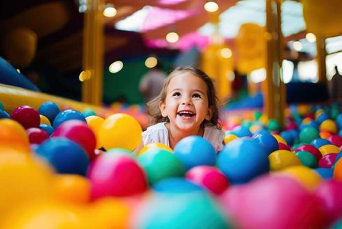 Joyful child immersed in play, navigating through a vibrant ball pit at an indoor playground , concept of Carefree adventure and Colorful exploration